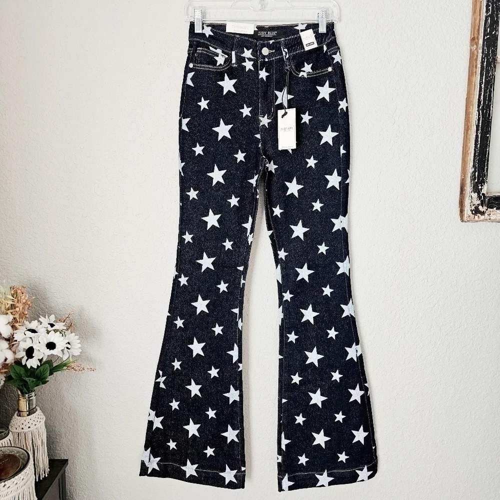 Judy Blue HR Dark Wash Star Print Flare Jeans Classic Americana Various NEW